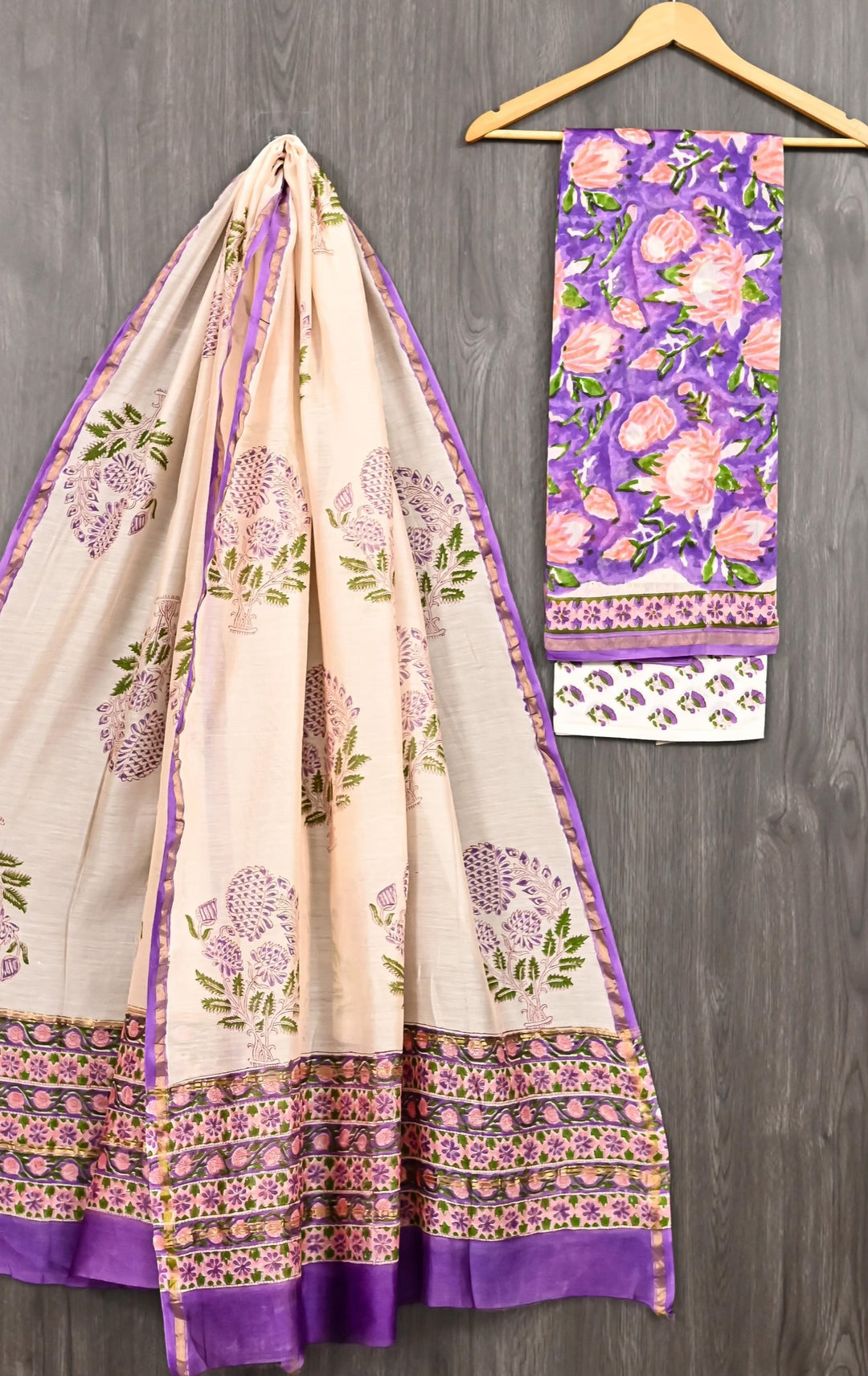 Cream & Purple Chanderi Silk Floral Handblock Printed Suit
