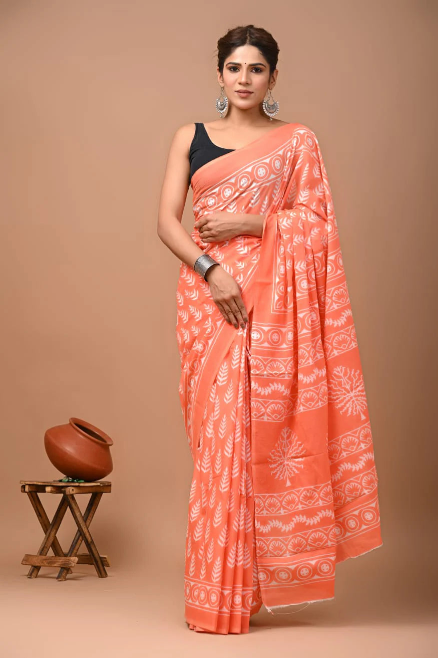 Peach Jaipuri Printed Pure Mulmul Cotton Saree | With Blouse Piece