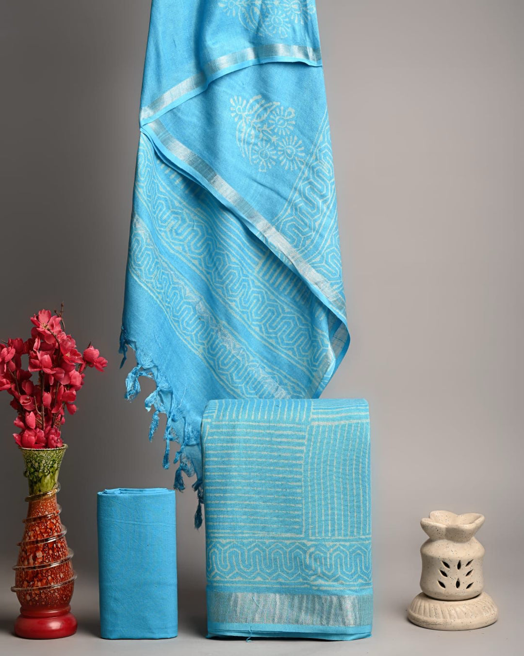 Sky Blue Handblock Printed Pure Linen Cotton Suit with Zari Border