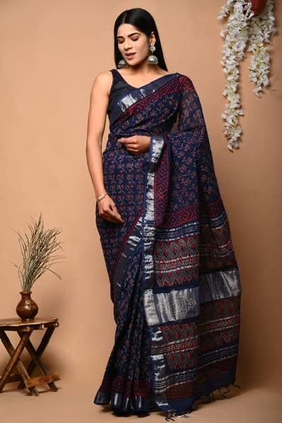 Ajrakh Linen cotton Handblock printed saree with blouse piece - Navy Blue