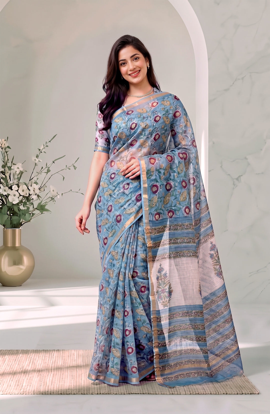 Sky Blue Handblock Printed Pure Kota Doria Saree with Zari Accent