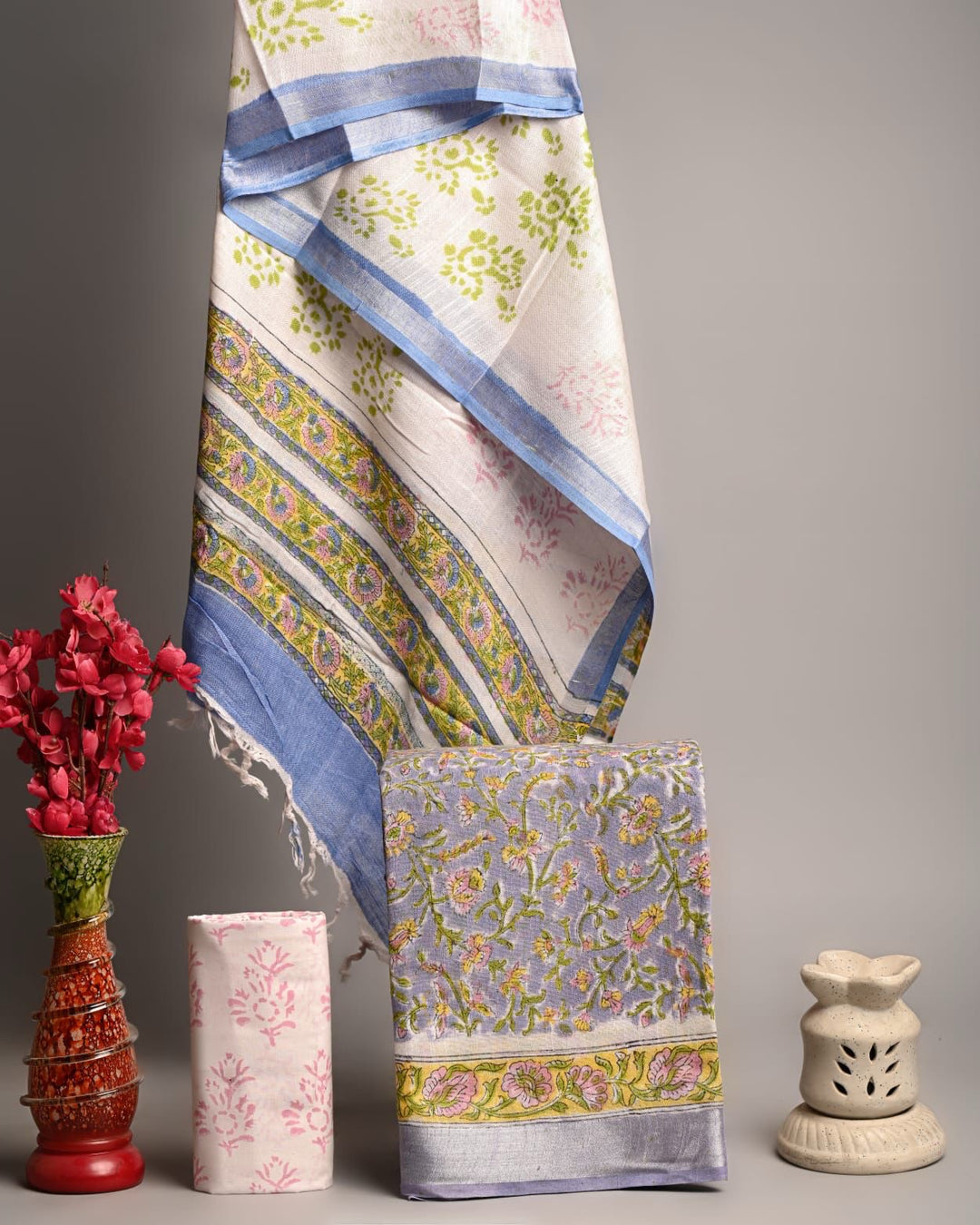White and Blue Handblock Printed Pure Linen Cotton Suit | Floral Jaal Design