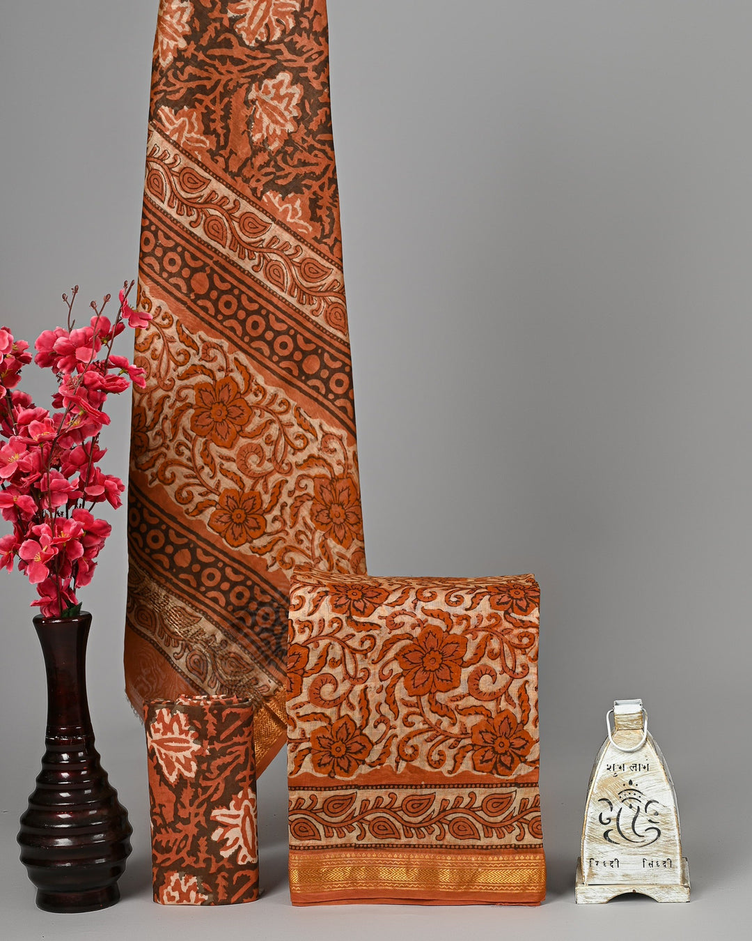 Rust Orange Maheshwari Handblock Printed Silk 3 Piece Suit Set | Traditional Festive Wear