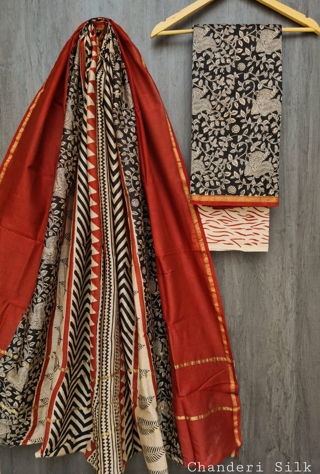 Pure Chanderi Silk Bagru Handblock Printed Suit with Border (Red & Black Floral)