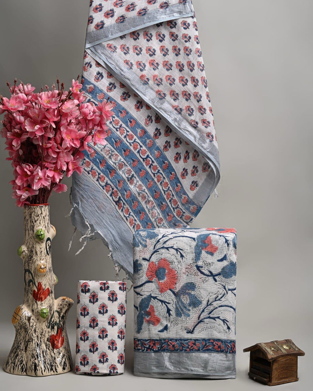 Pastel White & Blue Handblock Printed Pure Linen Cotton Suit Set with Floral Butis