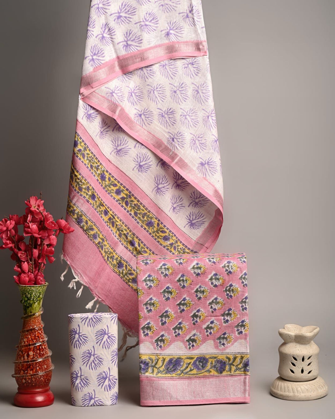 Blush Pink Handblock Printed Pure Linen Cotton Suit with Leafy Patterns