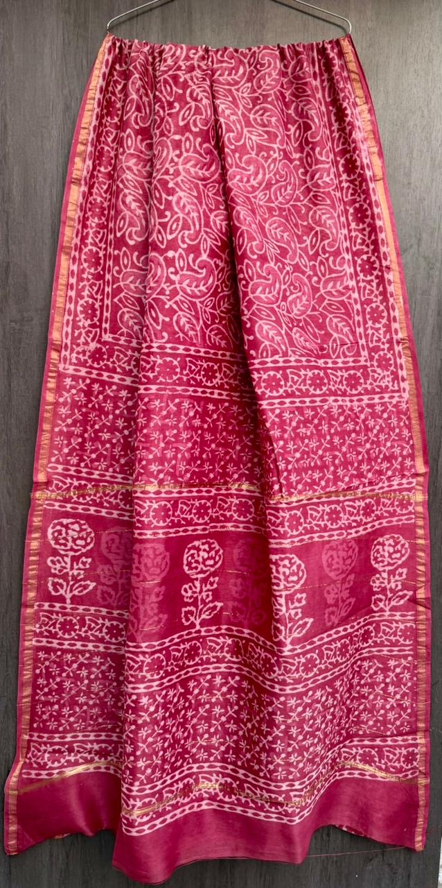 Chanderi Bagru Handblock Printed Silk Cotton Saree With Blouse - Rusty Pink