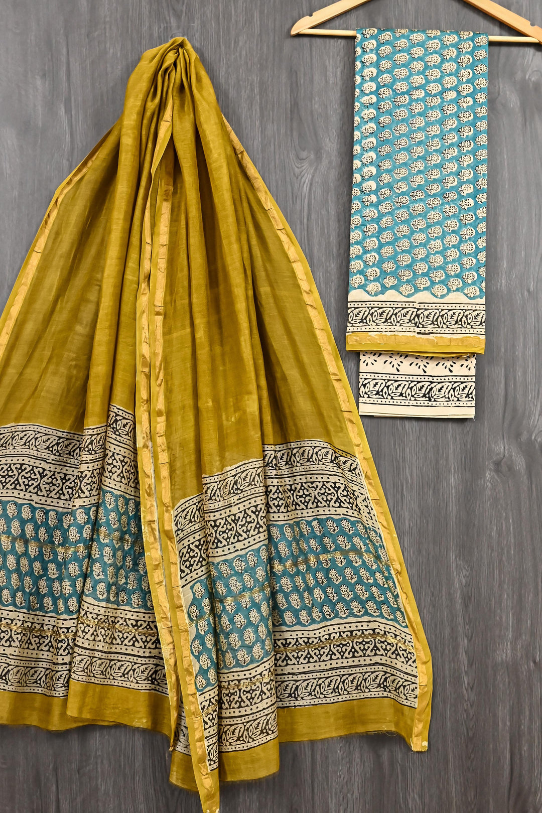 Olive Green Pure Chanderi Silk Dress Material with Hand Block Printed Boota Motifs