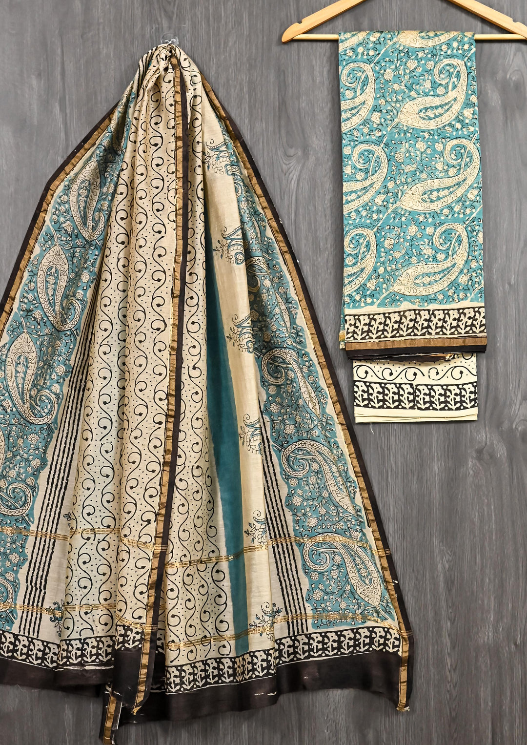 Off-White Pure Chanderi Silk Dress Material with Turquoise Blue Hand Block Paisley Print