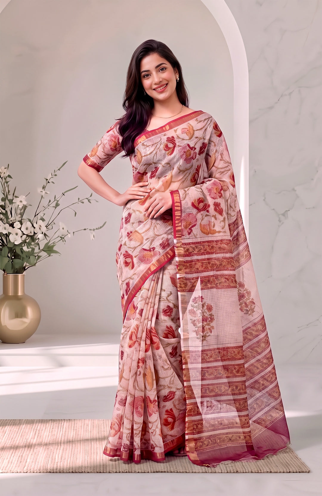 Off-White & Crimson Red Handblock Printed Pure Kota Doria Saree