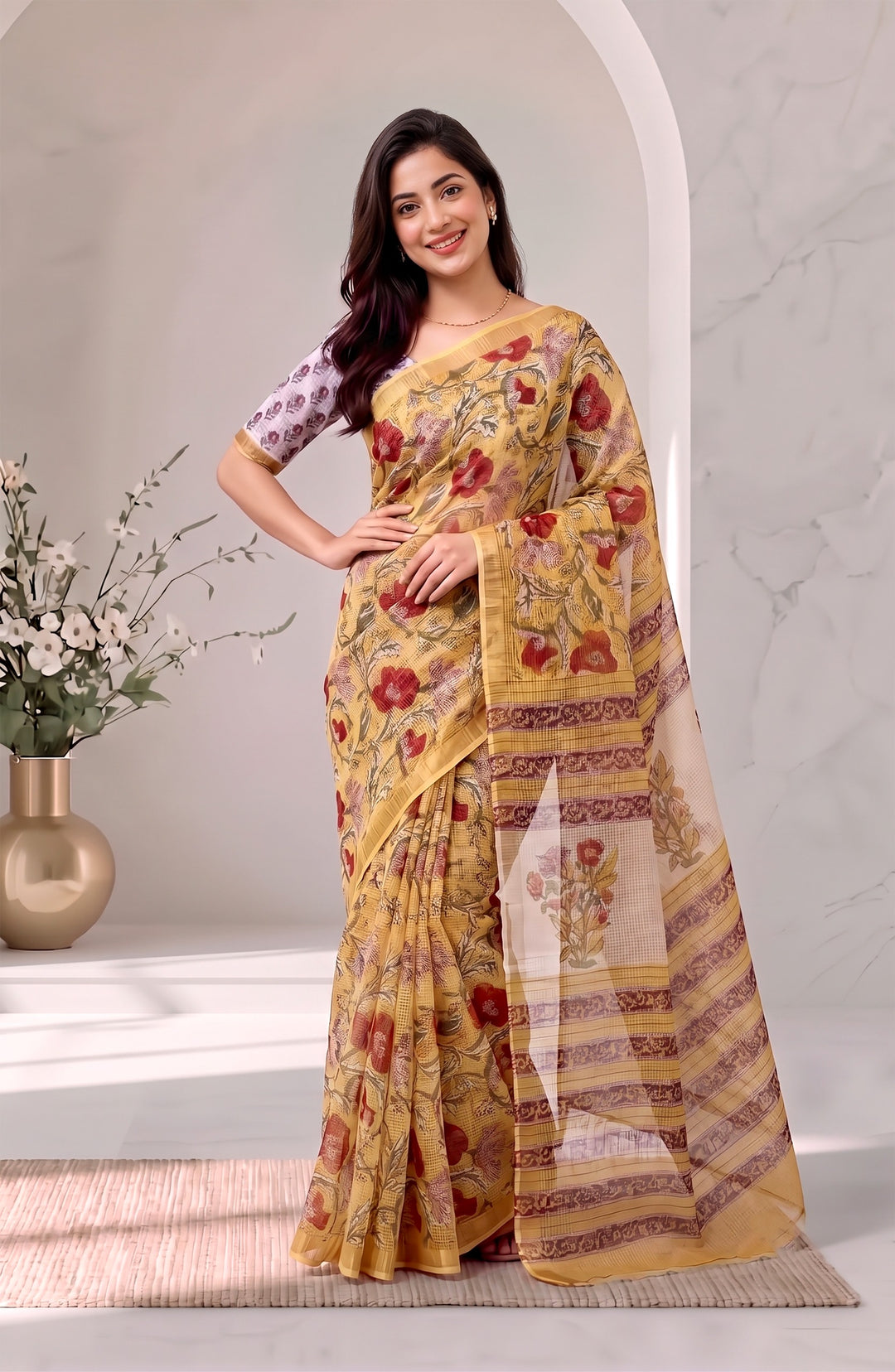 Pure Kota Doria Handblock Printed Saree in Mustard Yellow & Rust Floral