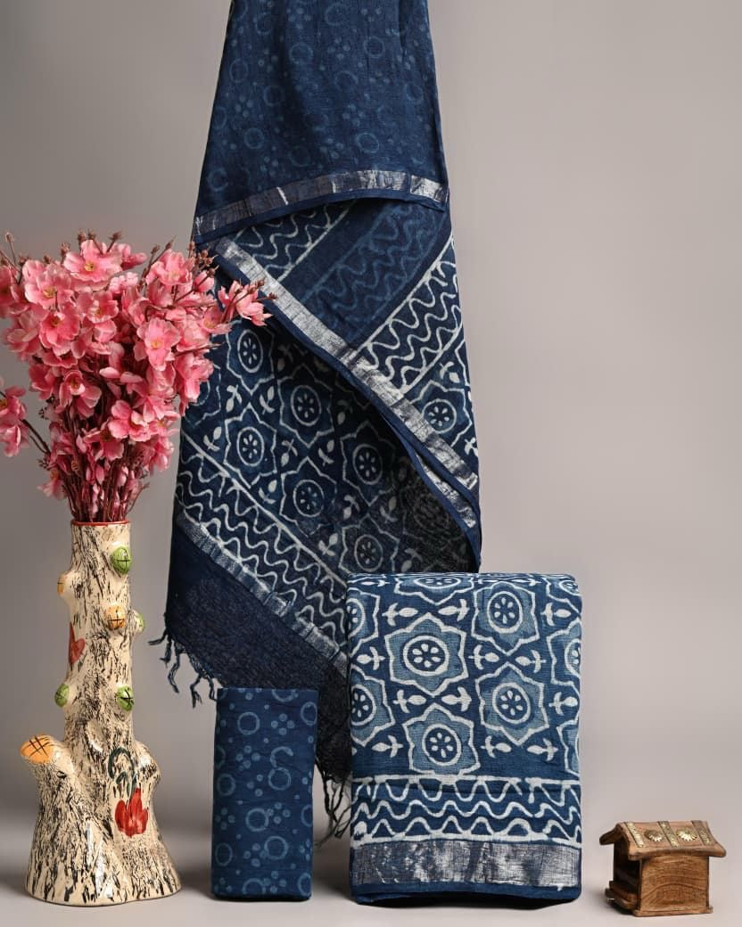 Classic Indigo Ajrakh Style Handblock Printed Pure Linen Cotton Suit Set with Bordered Dupatta