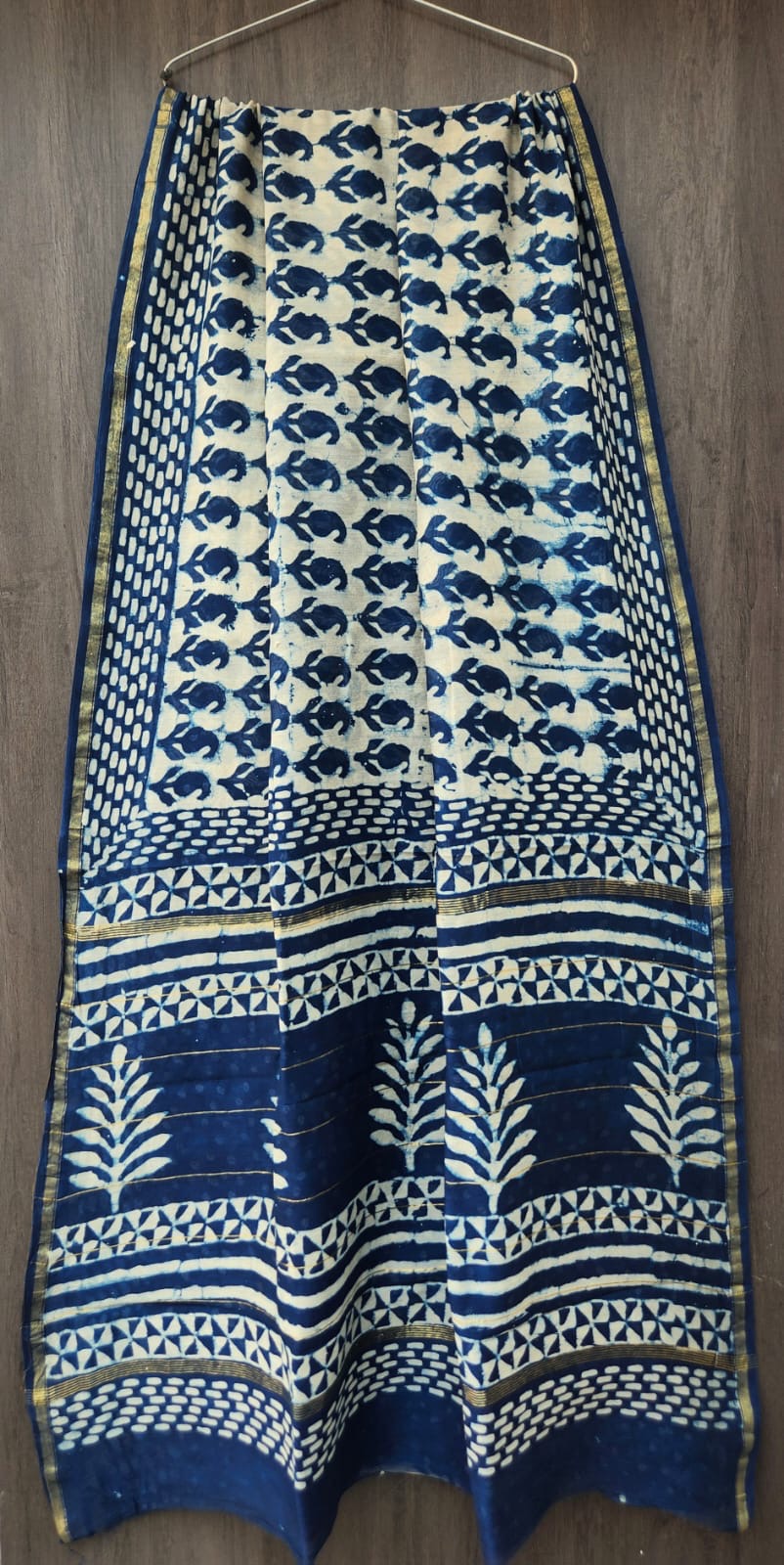 Heritage Indigo Chanderi Silk Saree with Traditional Ajrakh Tree Motifs