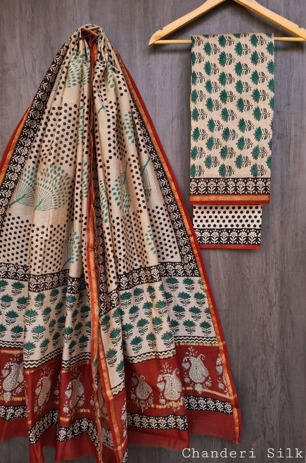 Ivory Pure Chanderi Silk Dress Material with Emerald Green Floral Booti & Terracotta Border