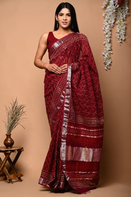 Ajrakh Linen cotton Handblock printed saree with blouse piece - Maroon