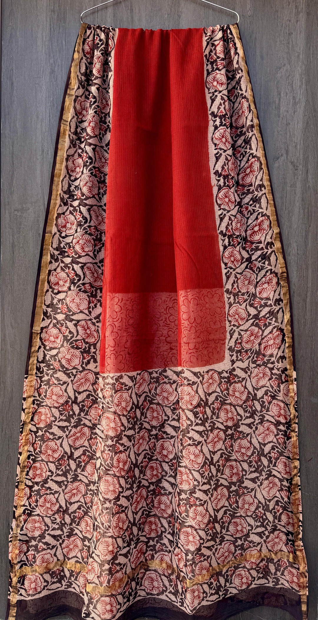 Putaai Pure Kota Doria Handblock Printed Lightweight Sarees With Blouse - Red with Kalamkari