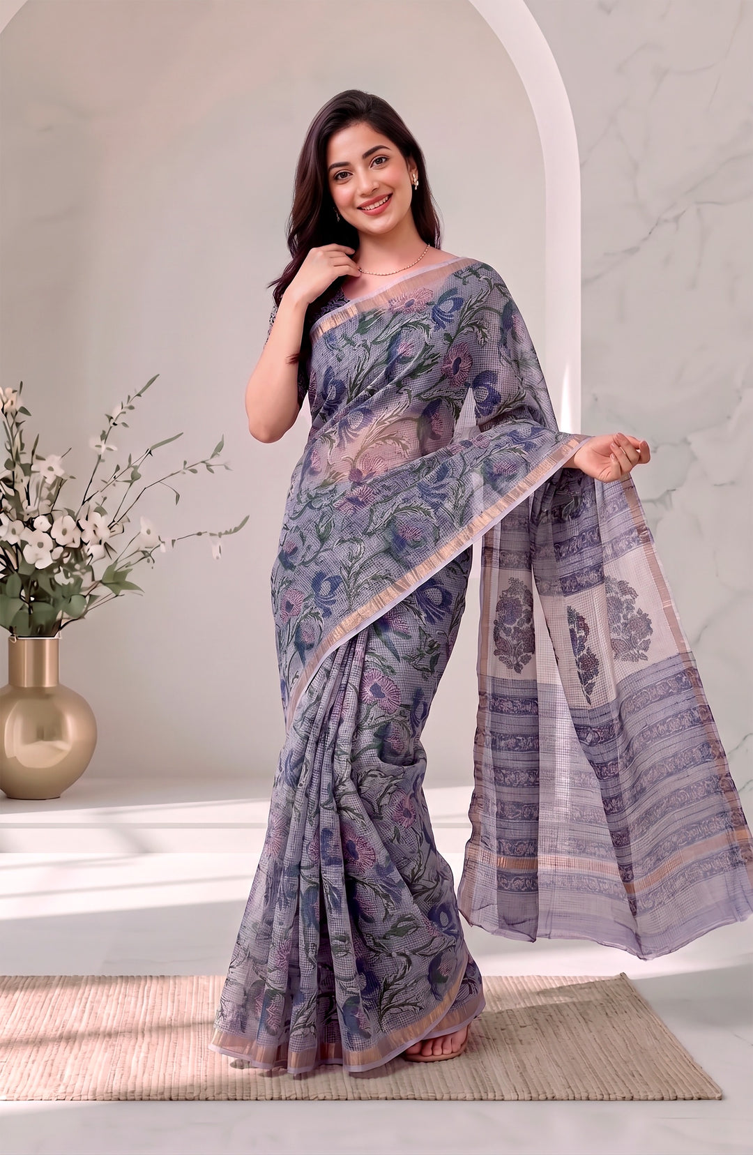 Pure Kota Doria Handblock Printed Saree in Slate Blue & Muted Lavender