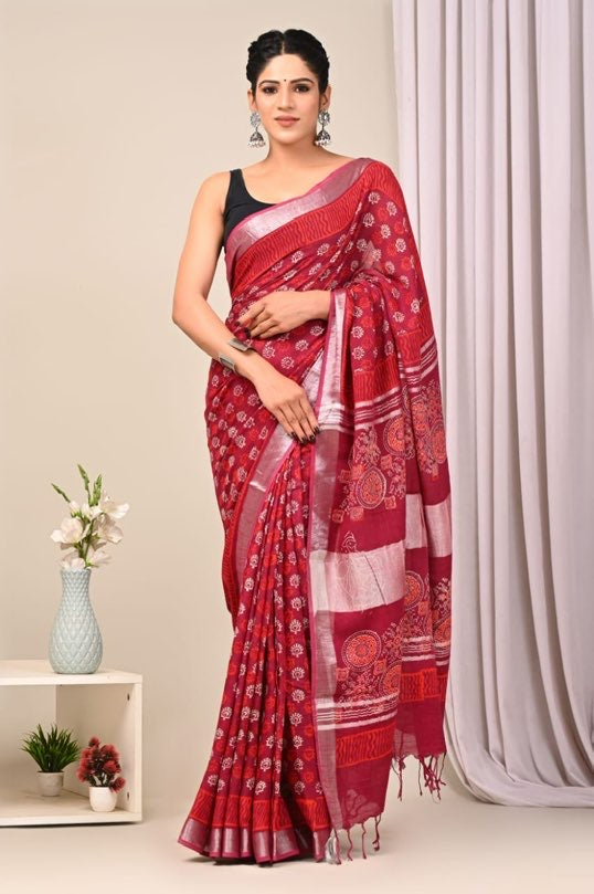 Linen cotton Handblock printed saree with blouse piece - Ajrakh