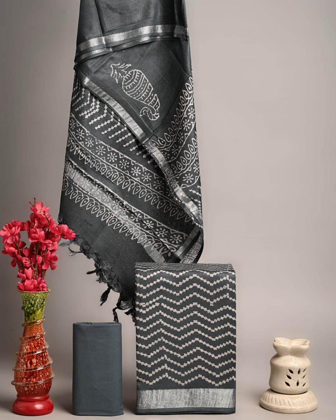 Charcoal Black Handblock Printed Pure Linen Cotton Suit | Chevron Zig-Zag Print