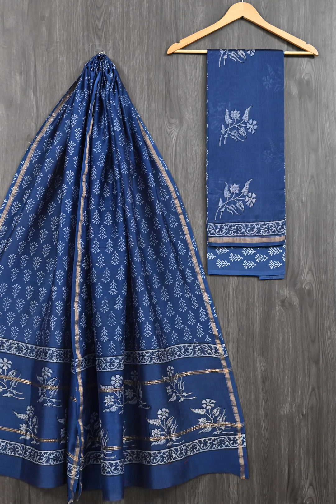 Deep Blue Chanderi Silk Handblock Printed Suit with Floral Borders