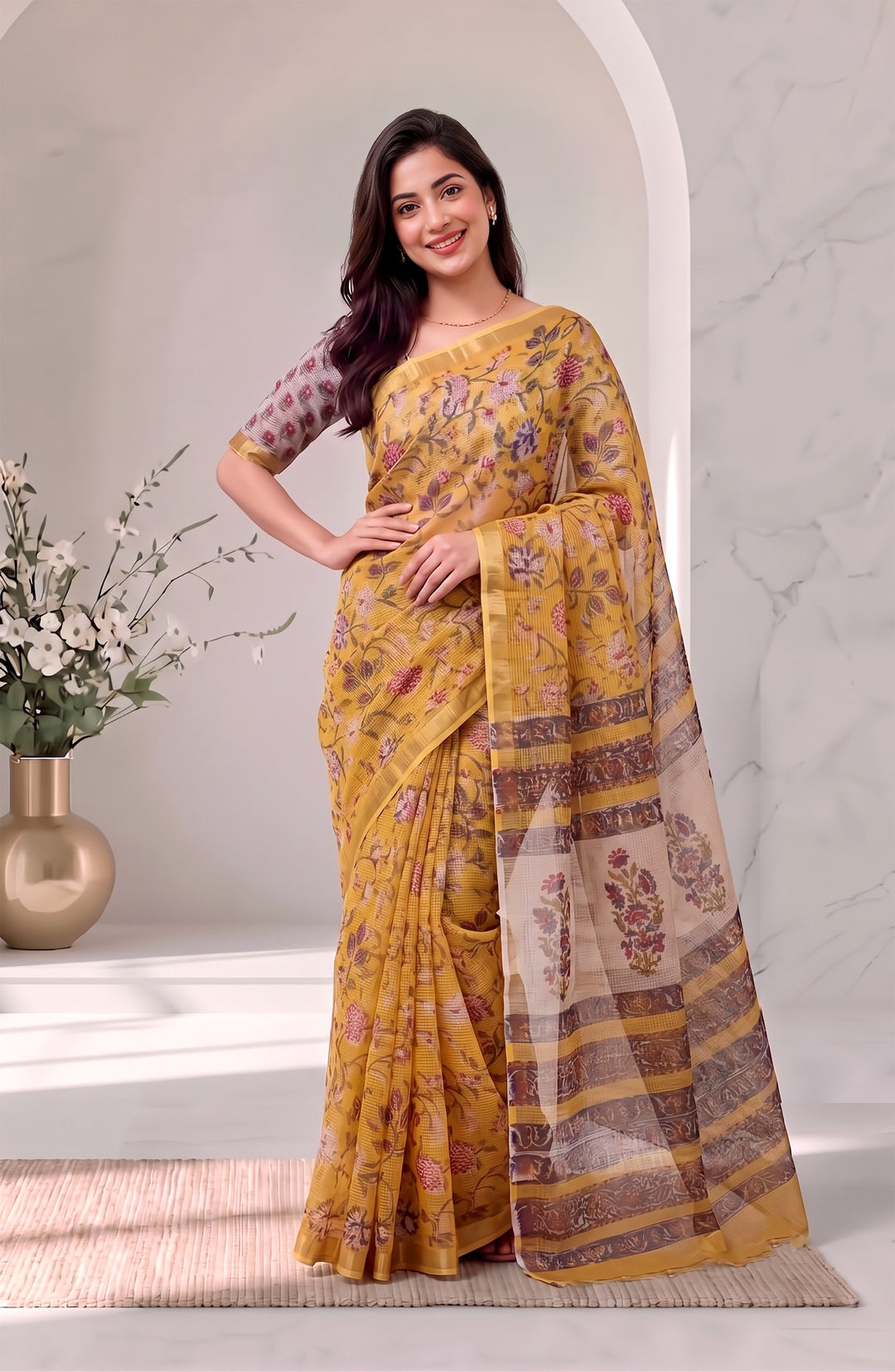 Pure Kota Doria Handblock Printed Saree in Golden Yellow & Pink Floral