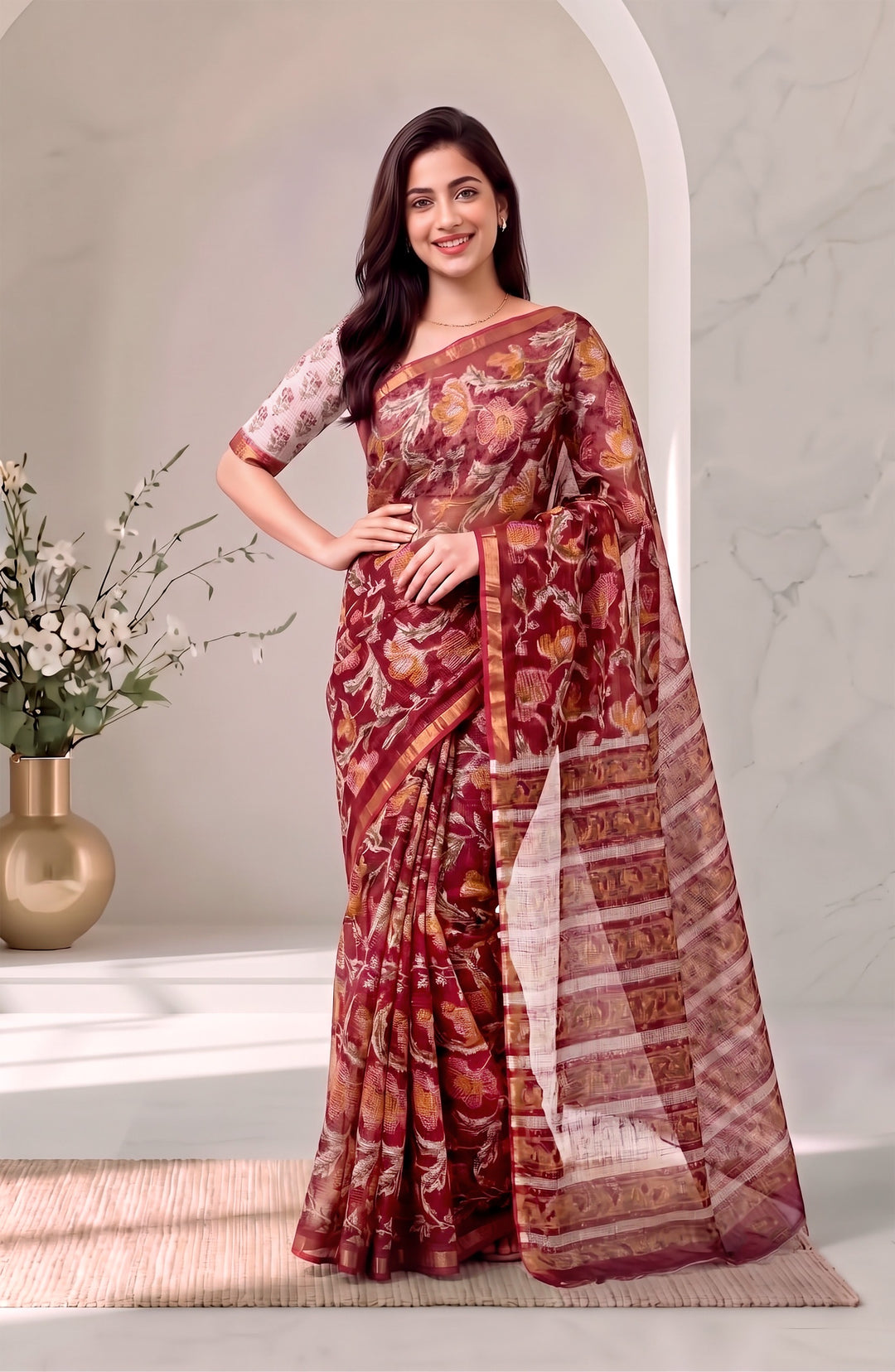 Pure Kota Doria Handblock Printed Saree in Deep Crimson Maroon