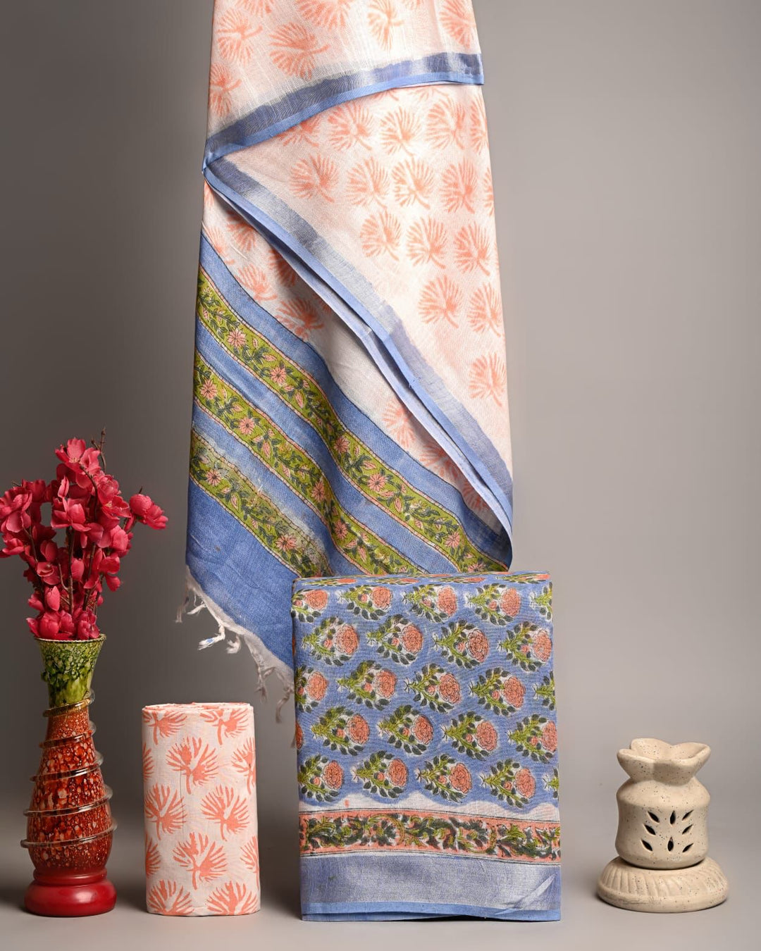 Peach and Sky Blue Handblock Printed Pure Linen Cotton Suit | Floral Buti Print