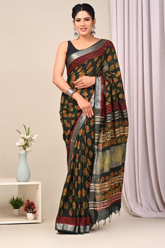 Linen cotton Handblock printed saree with blouse piece - Green Ajrakh