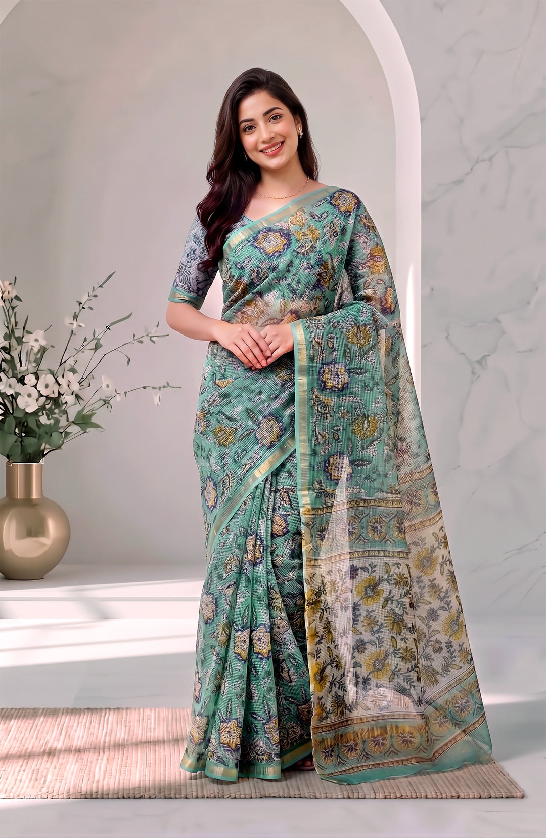 Pure Kota Doria Handblock Printed Saree in Sea Green & Mint Floral