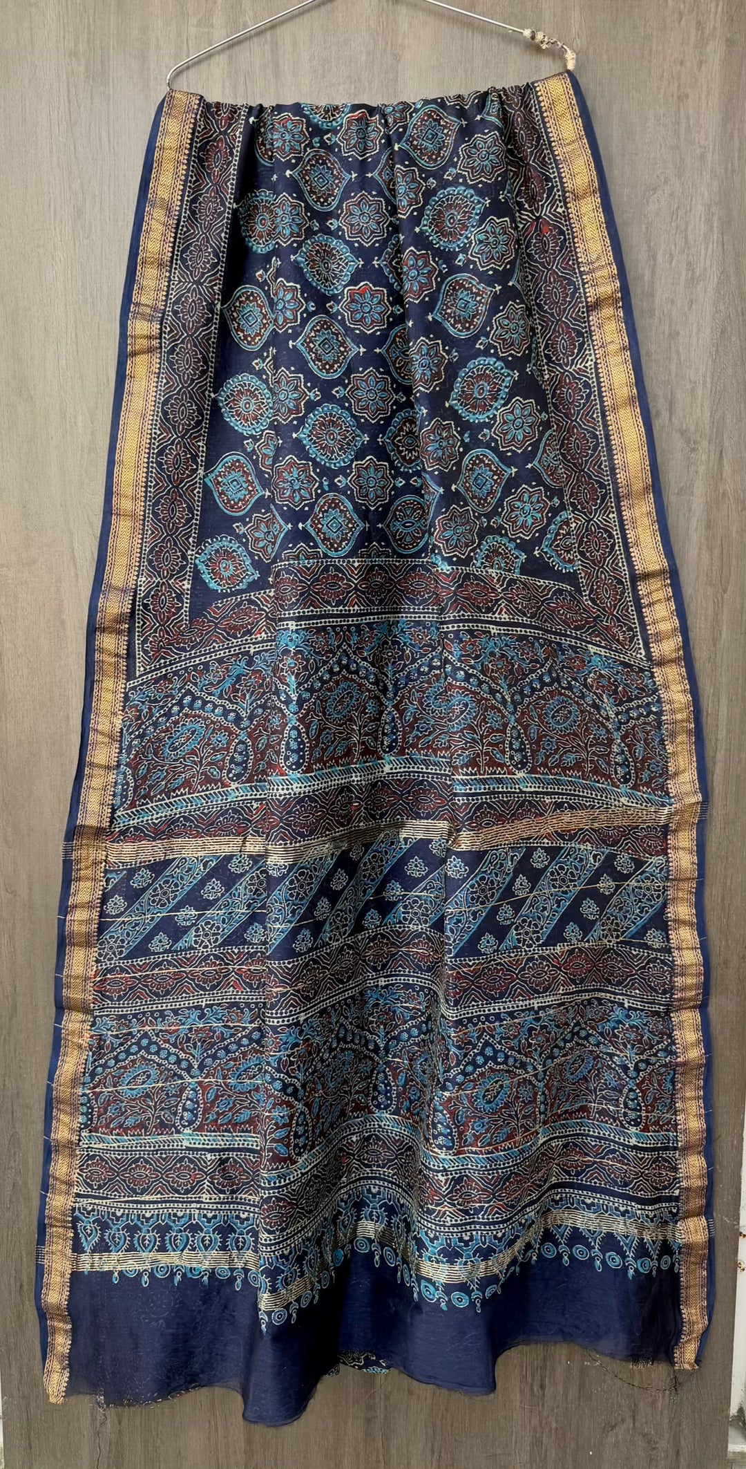 Indigo Blue Pure Maheshwari Silk Barmeri Ajrakh Handblock Printed Saree with Blouse Piece