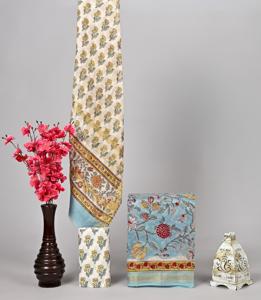 Sky Blue & Off-White Handblock Printed Pure Maheshwari Silk Suit Set with Zari Border