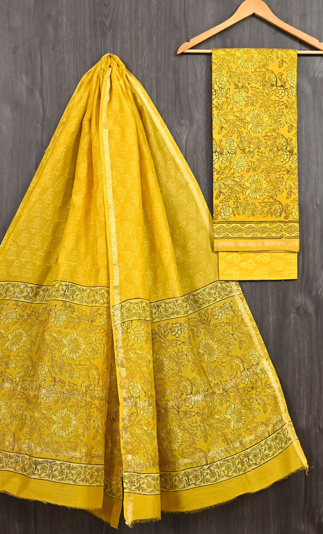 Mustard Yellow Floral Handblock Printed Pure Chanderi Silk Unstitched Suit Set