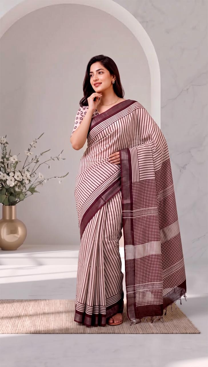 Off-White and Maroon Stripes Hand Block Printed Linen Cotton Saree with Blouse Piece