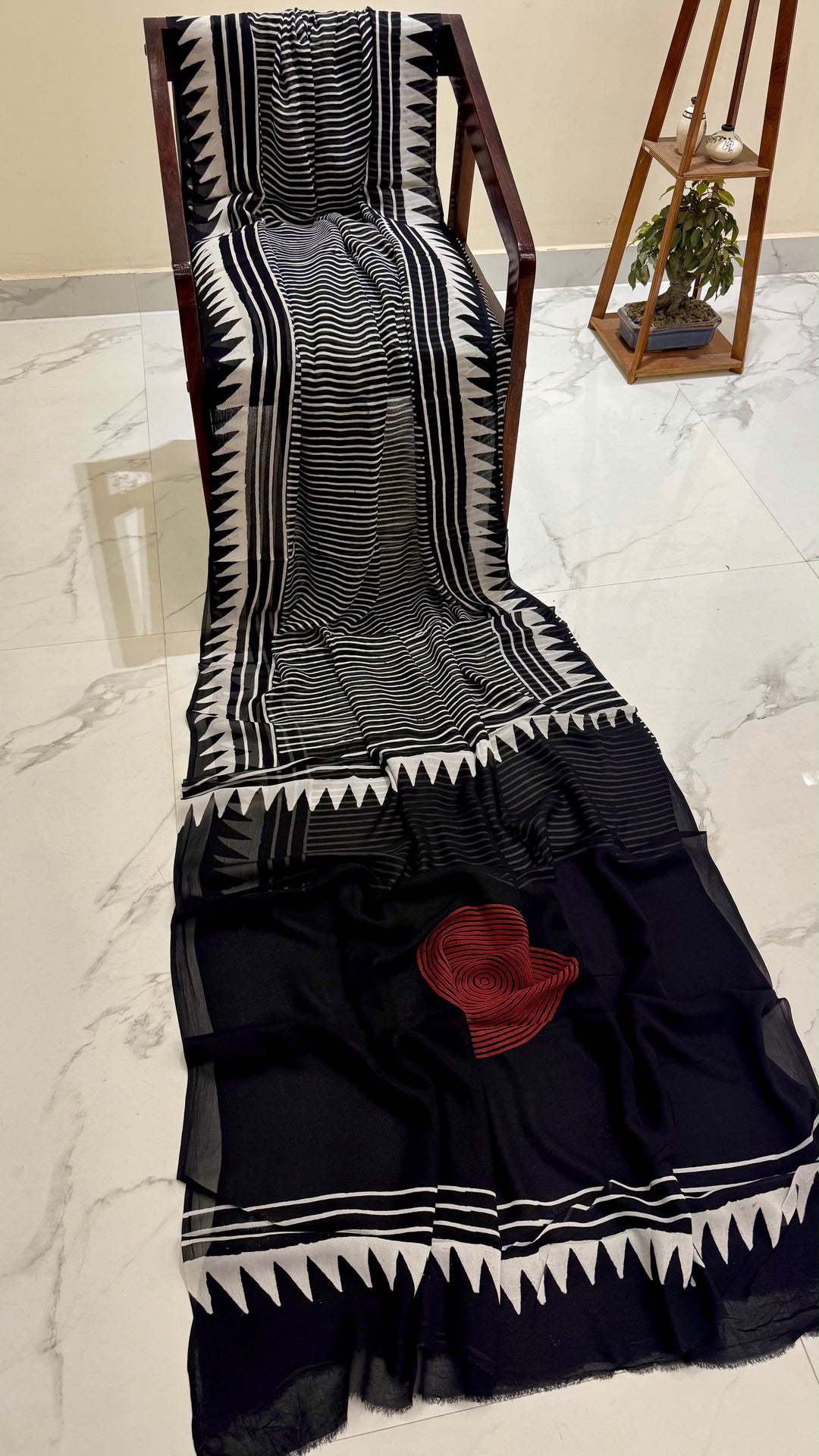 Black Georgette Saree with Red Center Accent & Striped Geometric Pallu