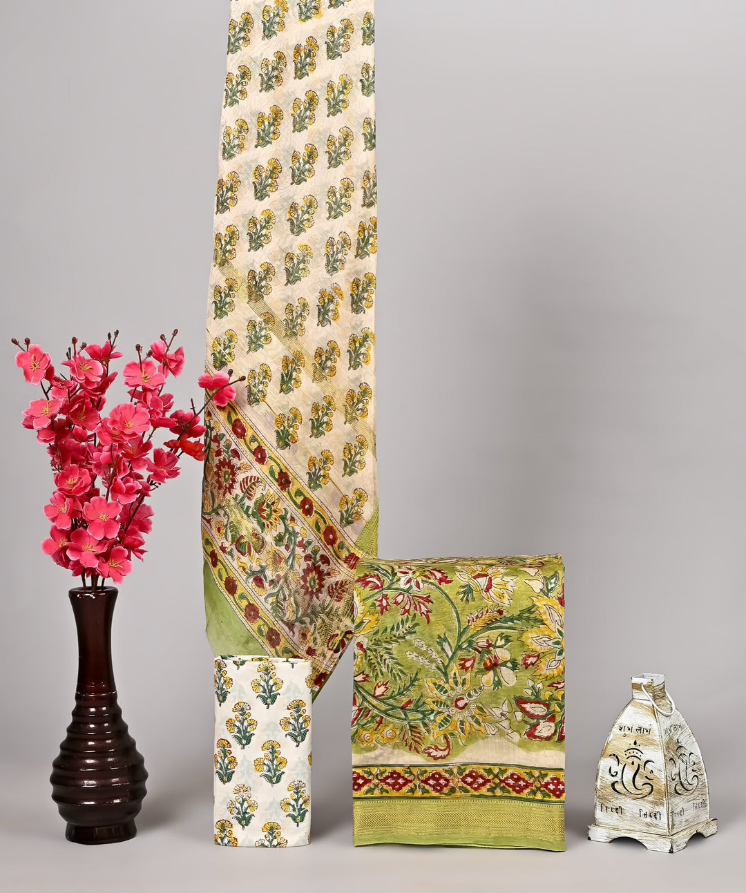 Handblock Printed Lime Green & Cream Floral Pure Maheshwari Silk Border Suit