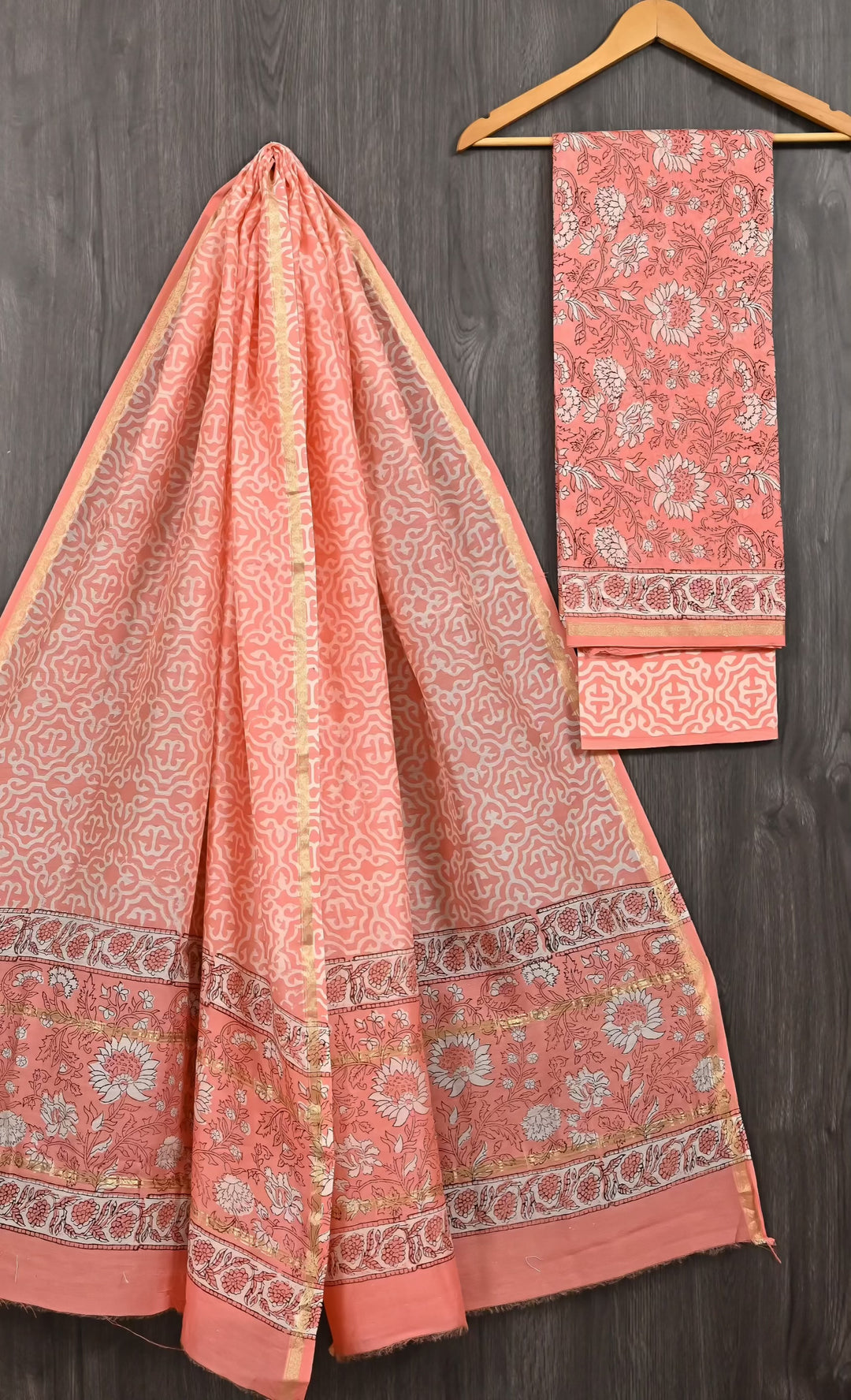 Peach Pink Geometric & Floral Jaal Handblock Printed Pure Chanderi Silk Unstitched Suit Set