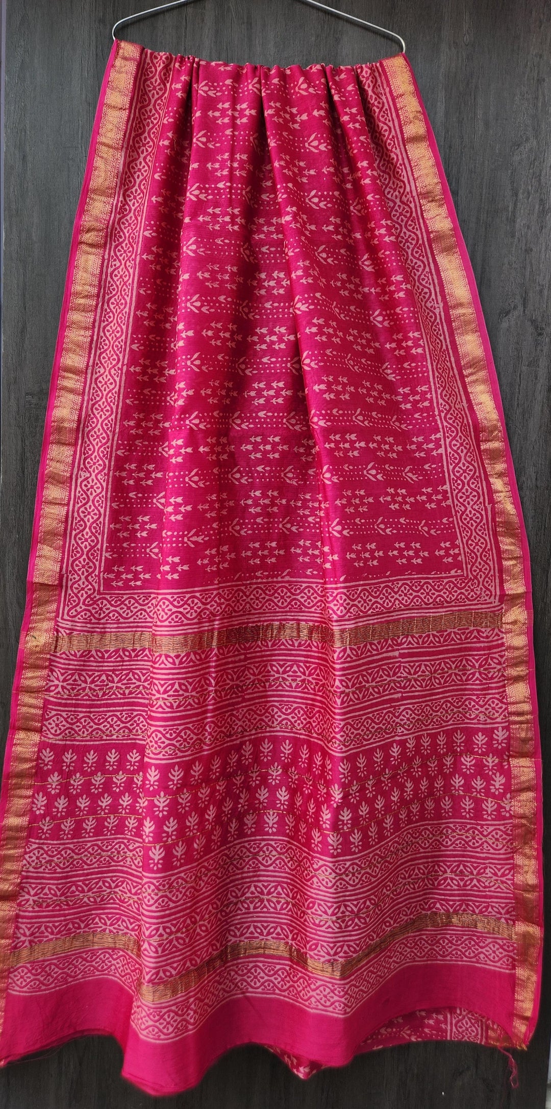 Rani Pink Pure Maheshwari Silk Handblock Printed Saree with Traditional Motif & Zari Border