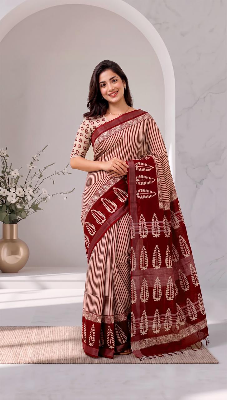 Off-White and Maroon Leaf Block Print Linen Cotton Saree with Blouse Piece