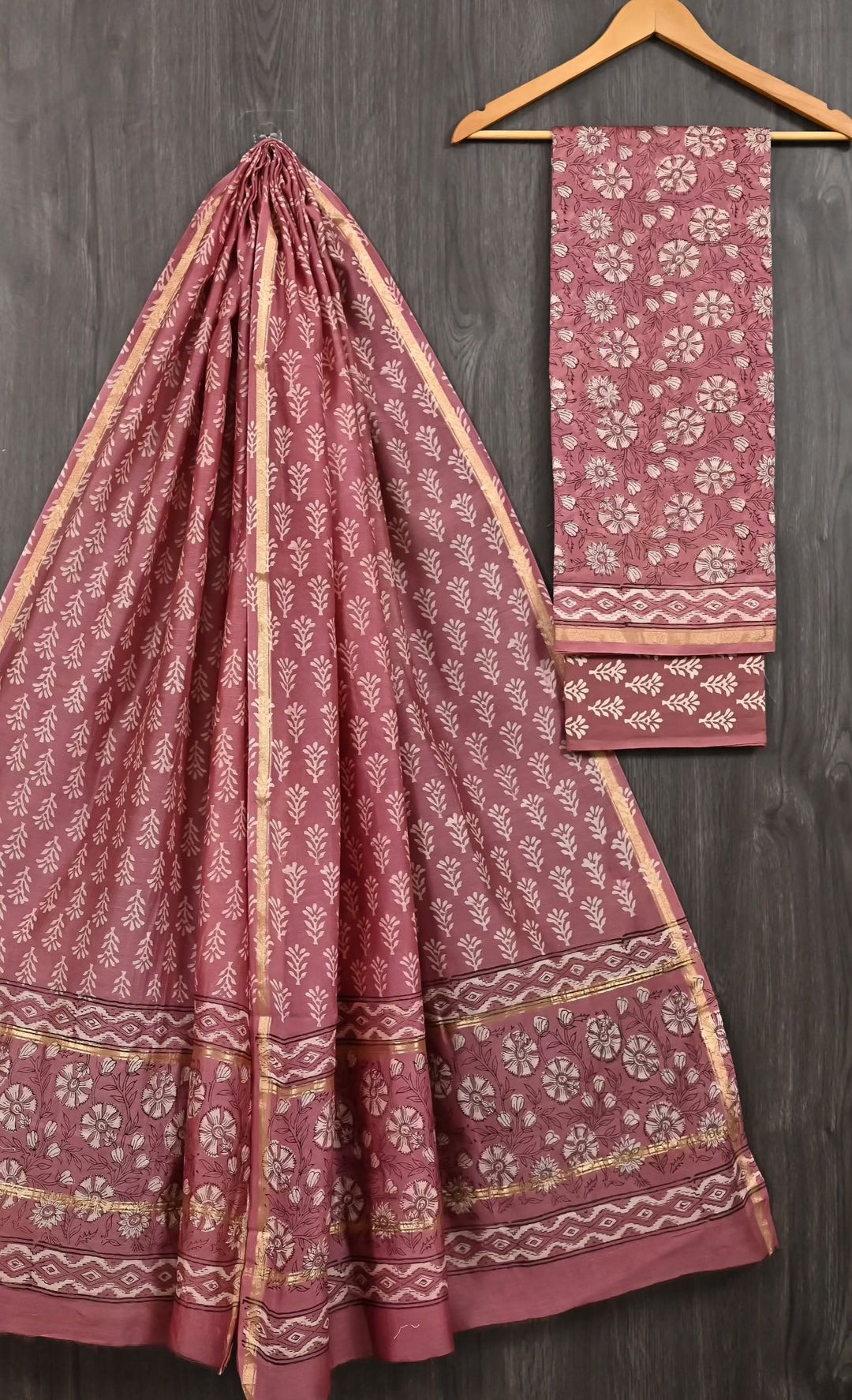 Dusty Rose Floral Jaal Handblock Printed Pure Chanderi Silk Unstitched Suit Set