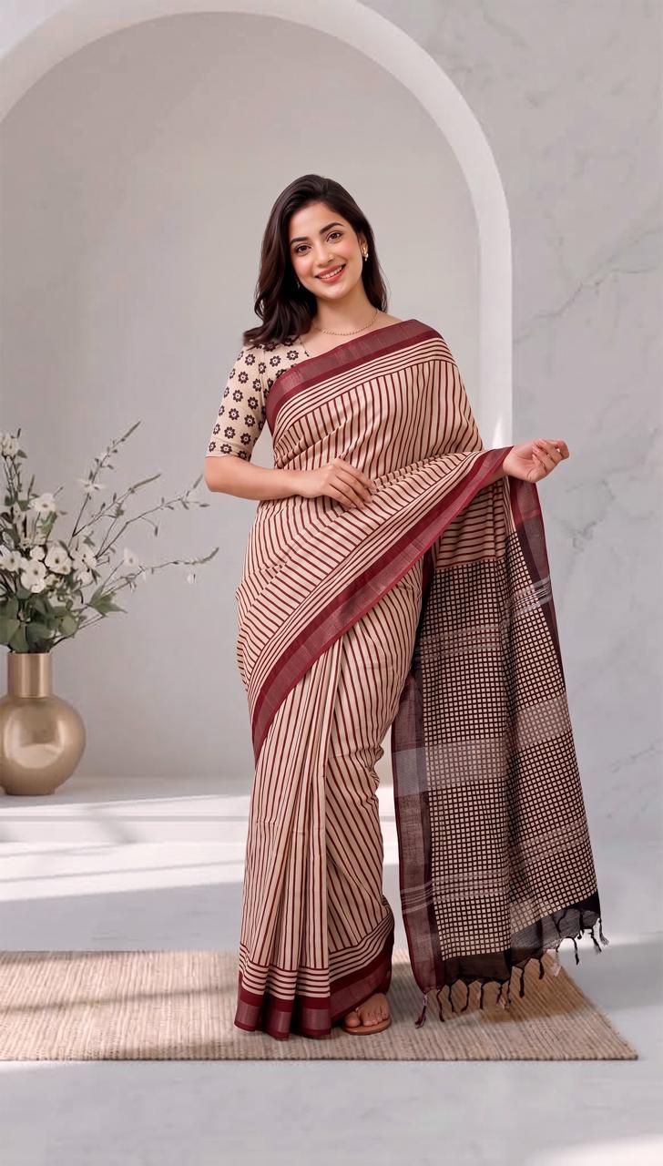 Off-White and Burgundy Geometric Grid Hand Block Printed Linen Cotton Saree with Blouse Piece