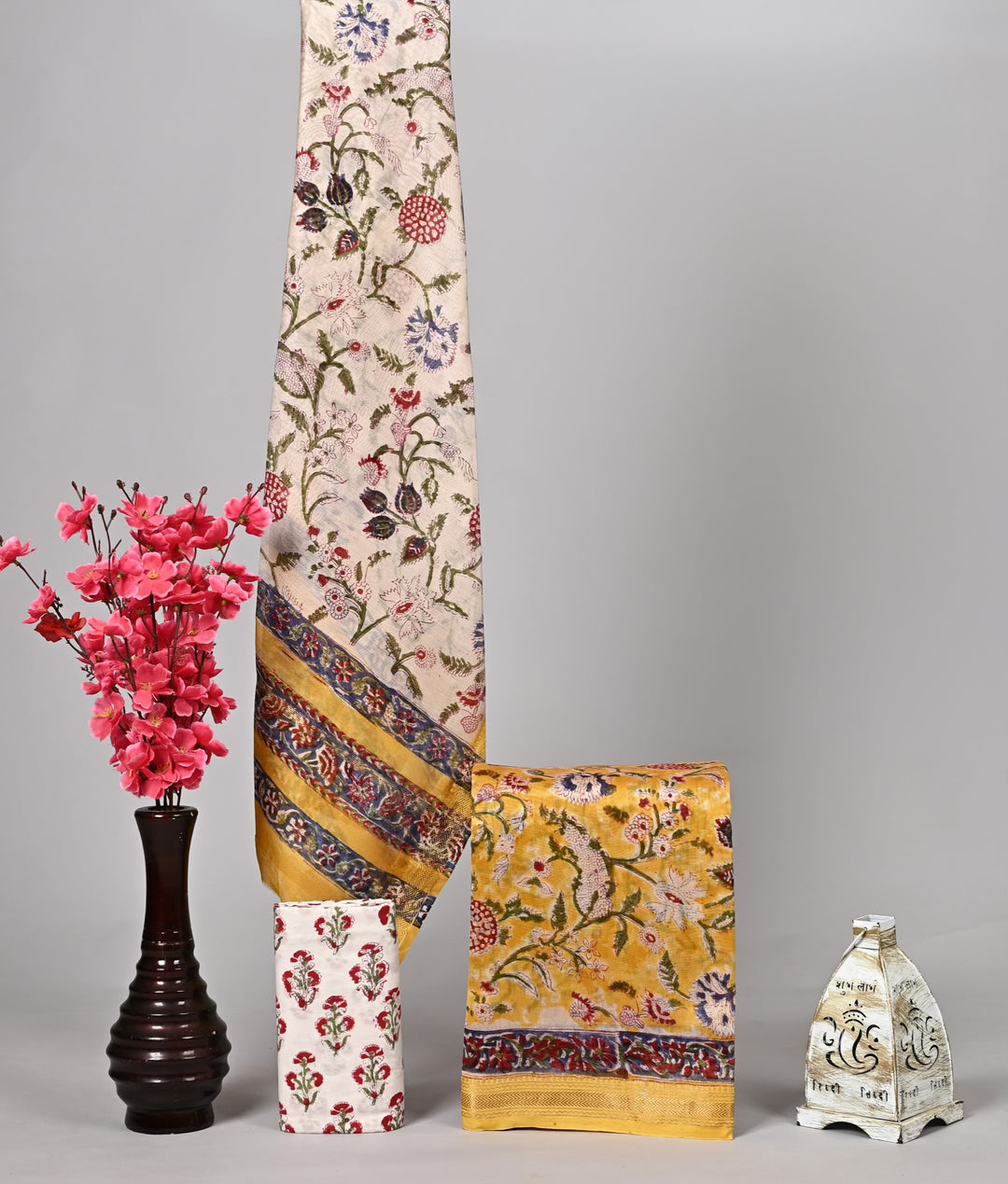 Mustard Yellow Floral Handblock Printed Pure Maheshwari Silk Suit Set with Zari Border