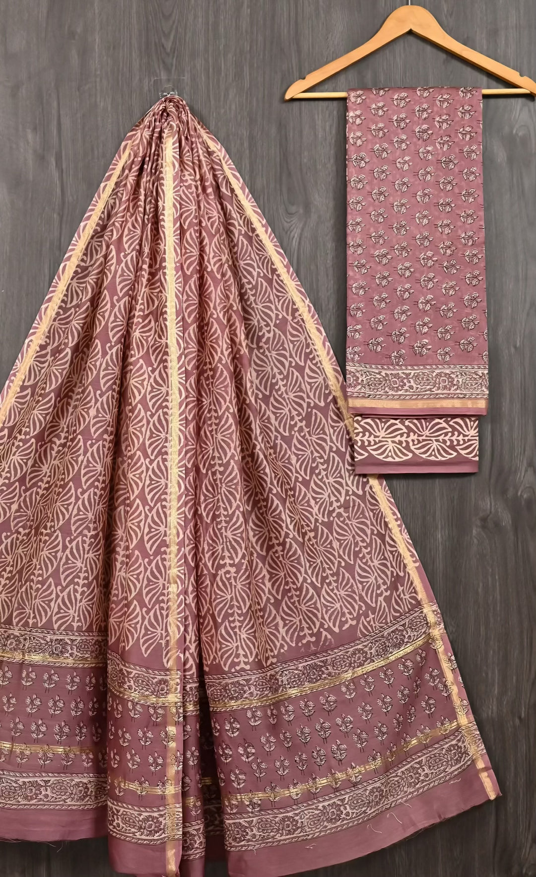 Mauve Geometric Fan Motif Handblock Printed Pure Chanderi Silk Unstitched Suit Set