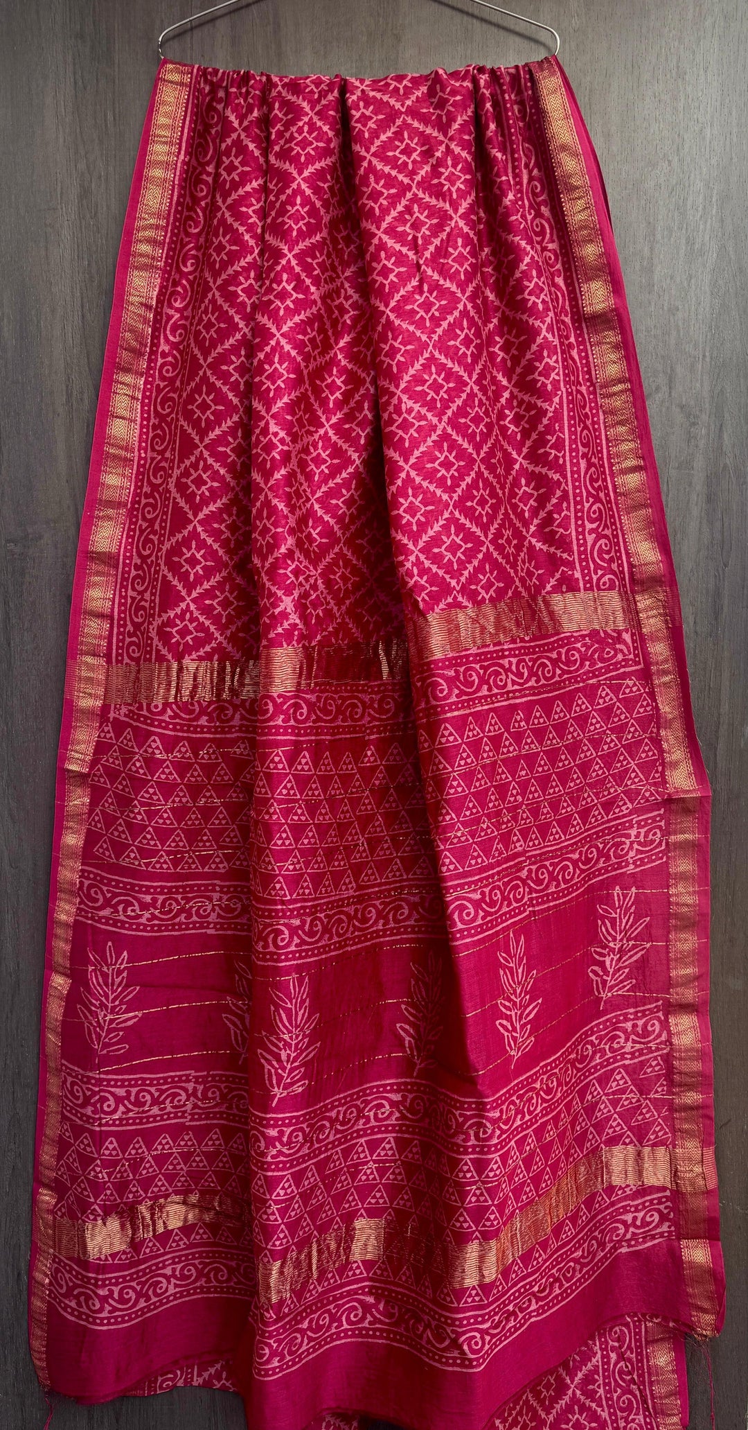 Deep Magenta Pure Maheshwari Silk Handblock Printed Saree with Geometric Jaal & Zari Border