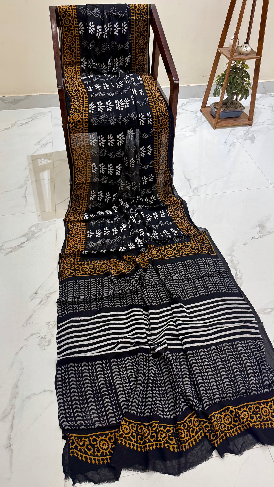 Black & Mustard Yellow Block Printed Georgette Saree with Temple Border