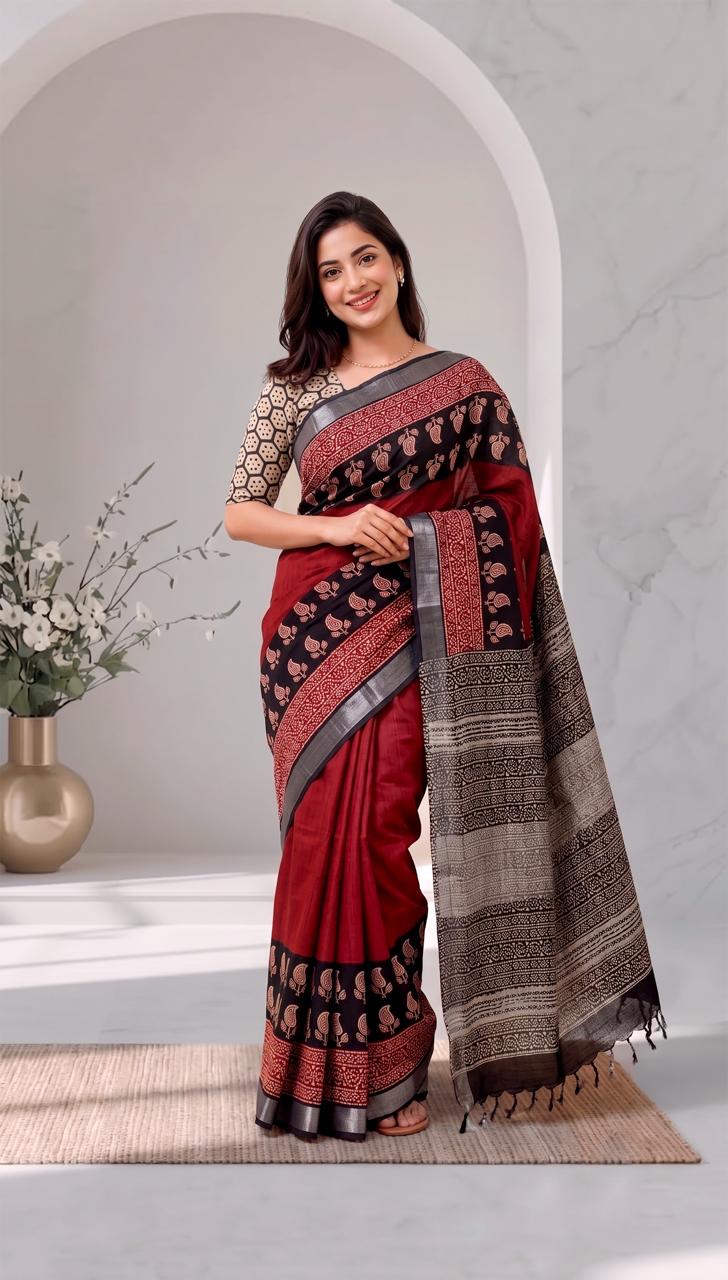 Crimson Red and Charcoal Paisley Hand Block Printed Linen Cotton Saree with Blouse Piece