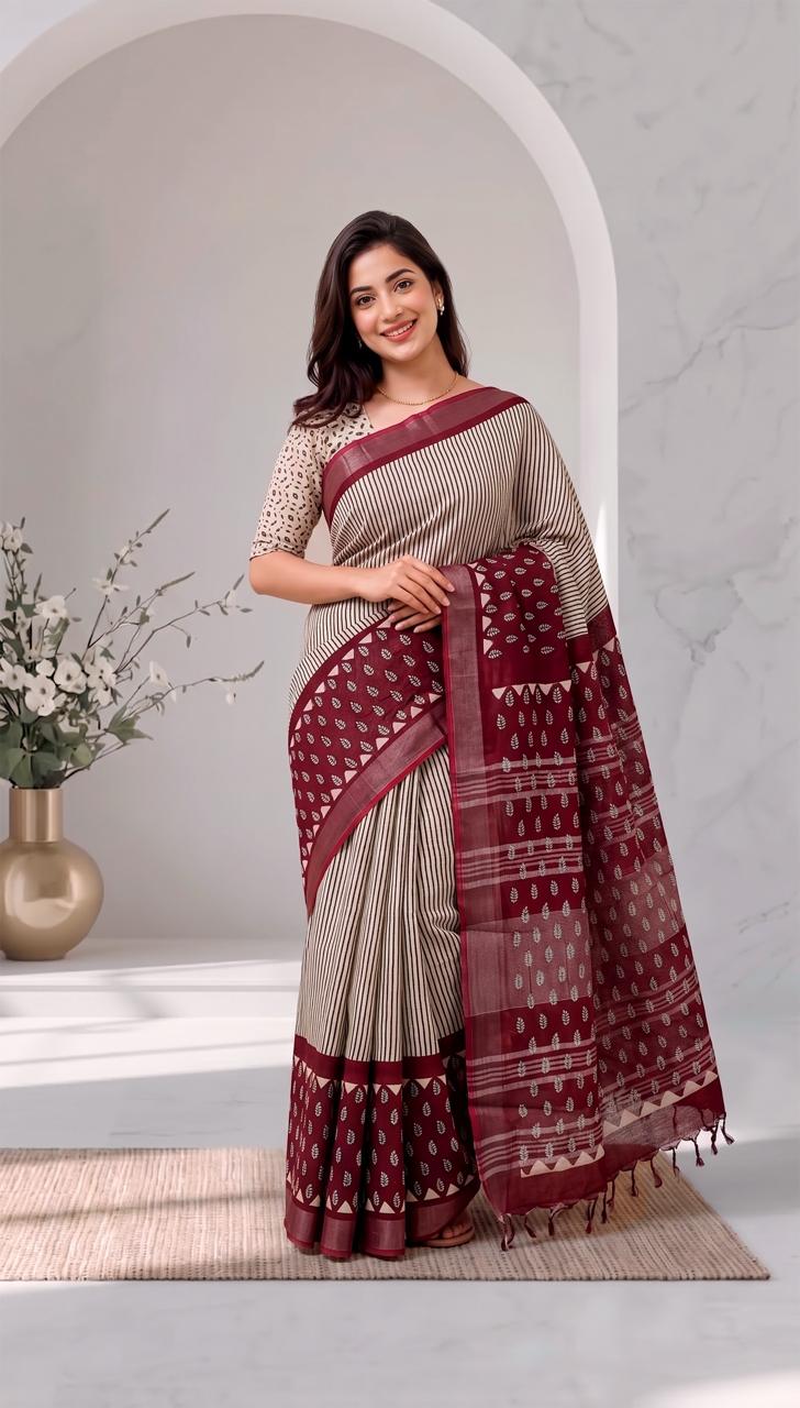 Beige and Maroon Butti Hand Block Printed Linen Cotton Saree with Blouse Piece