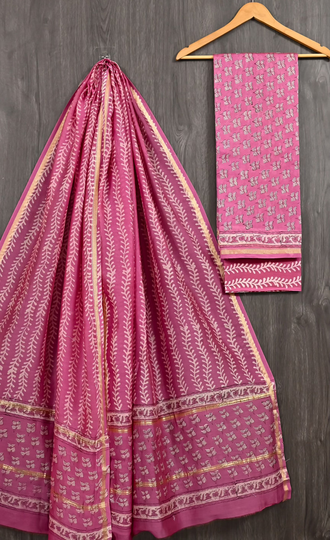 Magenta Pink Leaf Vine Handblock Printed Pure Chanderi Silk Unstitched Suit Set