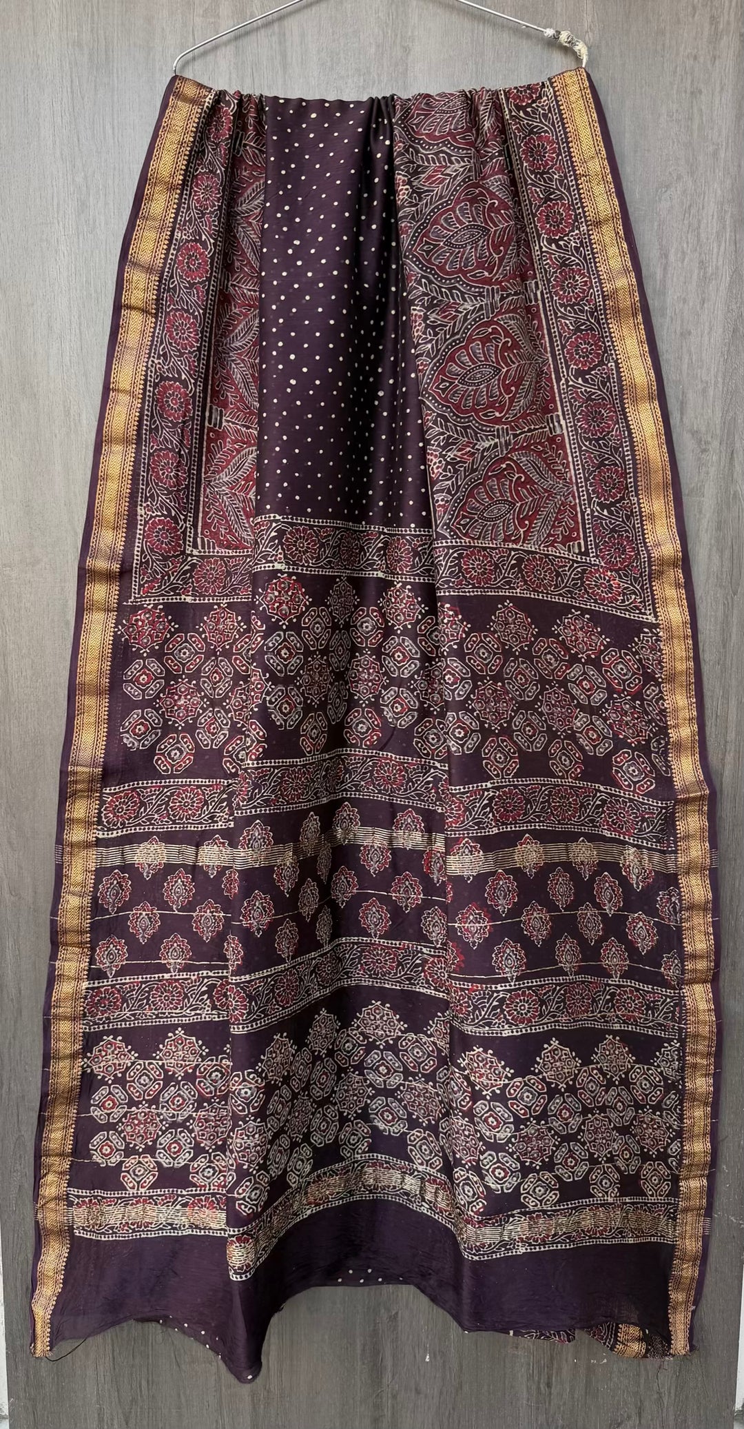 Deep Plum Purple Pure Maheshwari Silk Barmeri Ajrakh Handblock Printed Saree with Blouse Piece