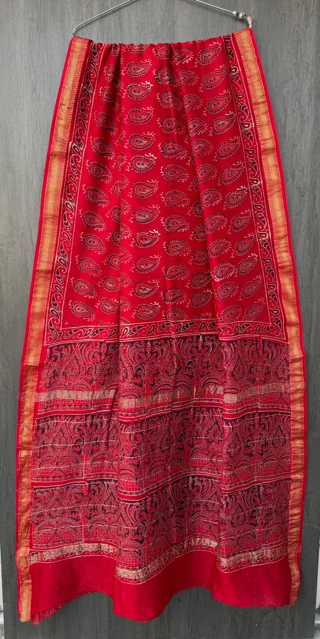 Vibrant Scarlet Red Paisley Pure Maheshwari Silk Barmeri Ajrakh Handblock Printed Saree with Blouse Piece