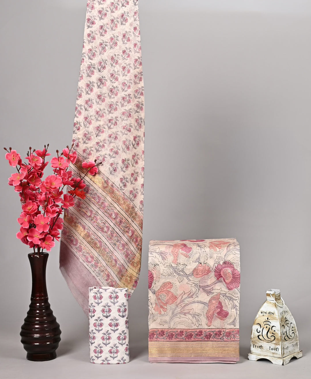 Vintage Pink Floral Handblock Printed Pure Maheshwari Silk Suit Set with Zari Border